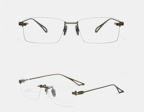 Antique Bronze men's titanium rimless open-loop glasses, front and 45-degree composite