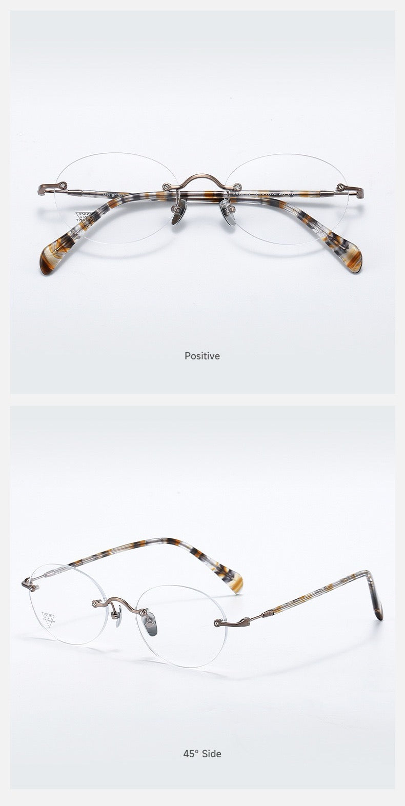 Antique Bronze/Yellow Grey front and 45-degree product views of Vintage Sophisticated Rimless Eyeglasses