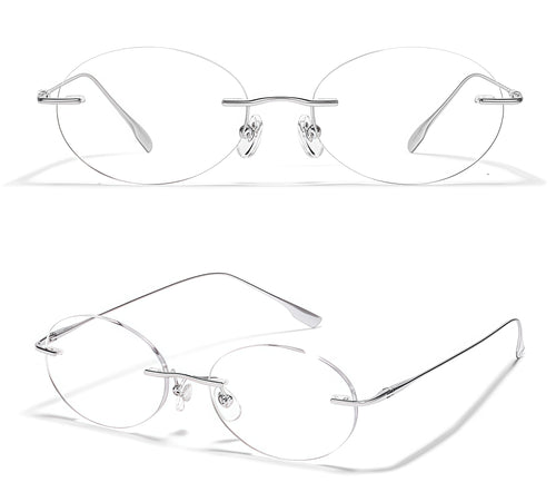 Silver front and 45-degree product views of Chic Minimalist Rimless Glasses