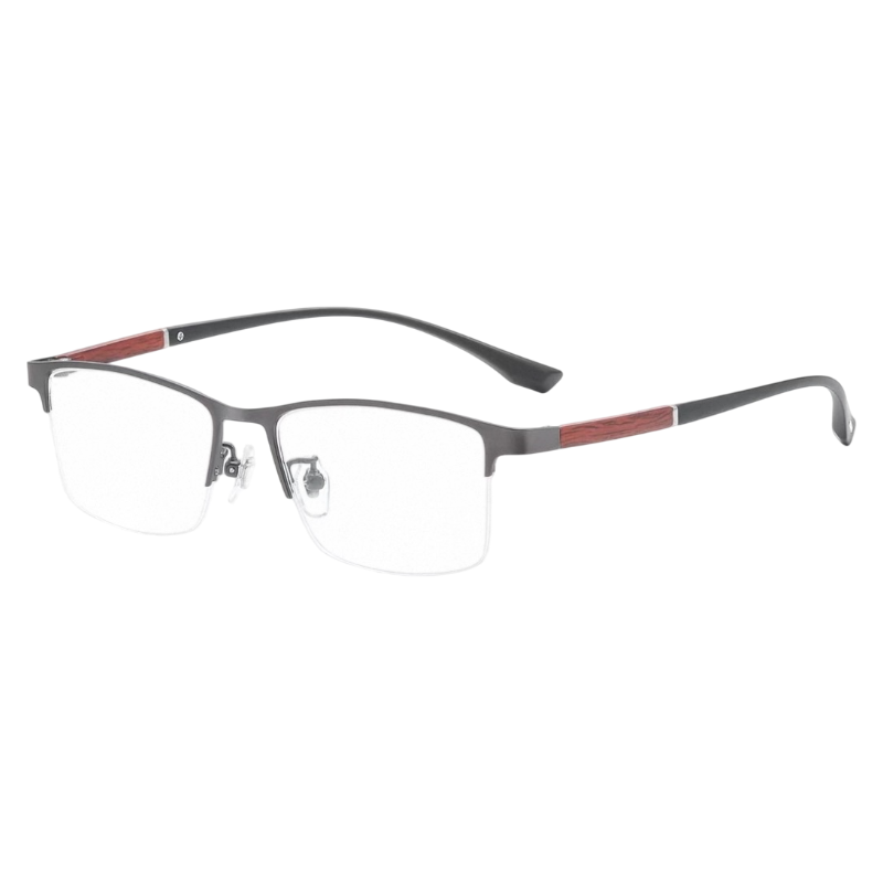 Gunmetal clean business rectangular profile semi-rimless eyeglass frame, three-quarter product view