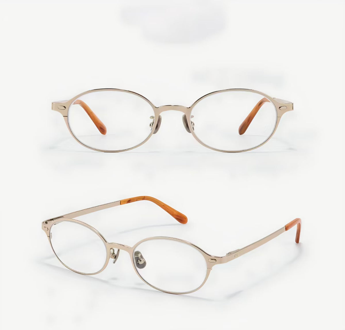 Gold semi-titanium nerd oval full-rim glasses, original front and 45-degree product detail