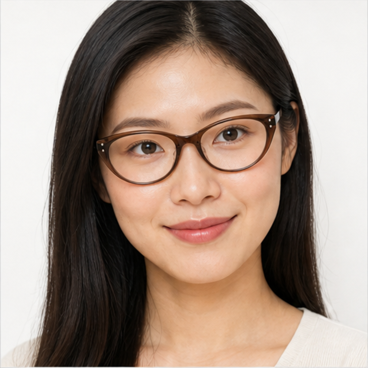 Amber Brown women's retro TR90 cat-eye full-rim glasses worn by an adult East Asian Woman