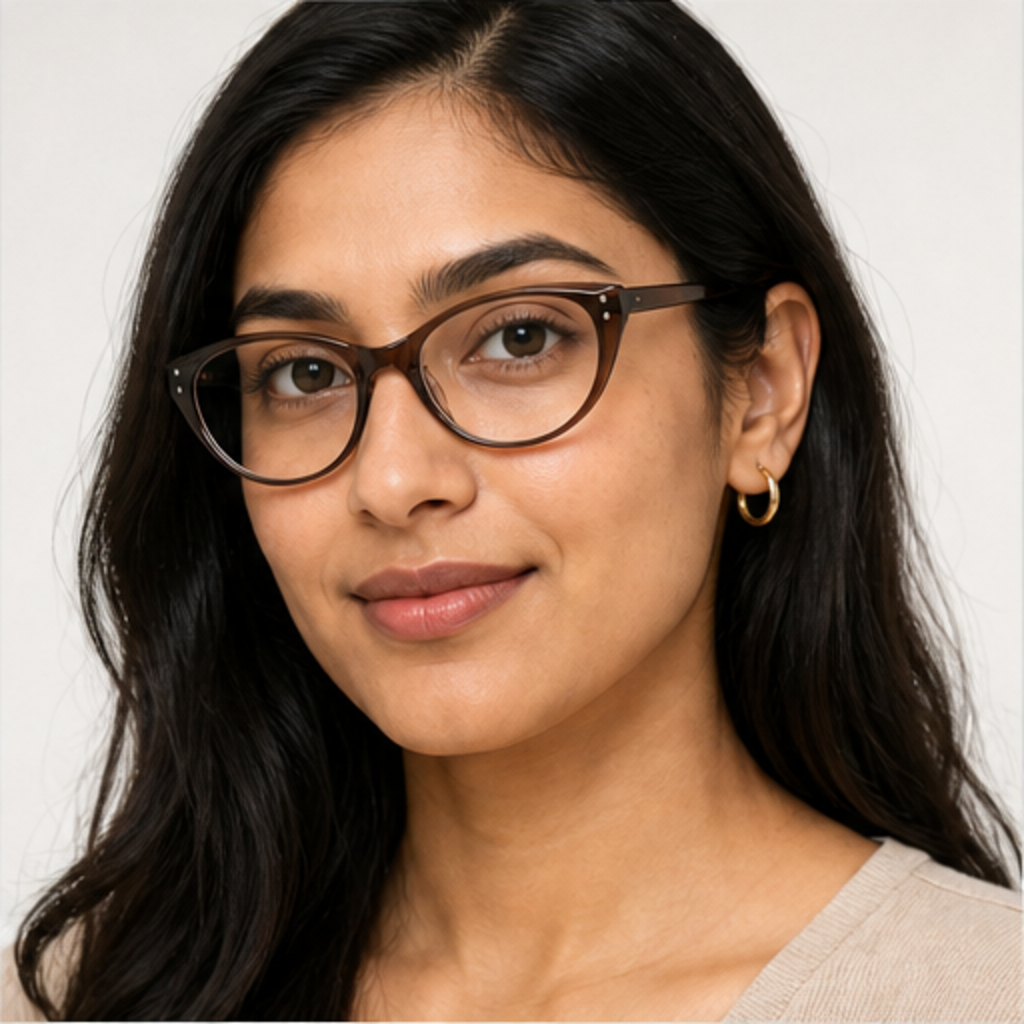 Amber Brown women's retro TR90 cat-eye full-rim glasses worn by an adult South Asian Woman