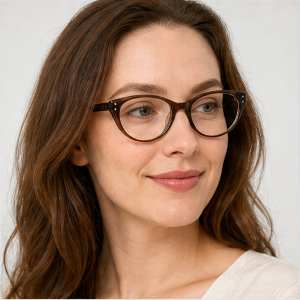 Amber Brown women's retro TR90 cat-eye full-rim glasses worn by an adult White Woman