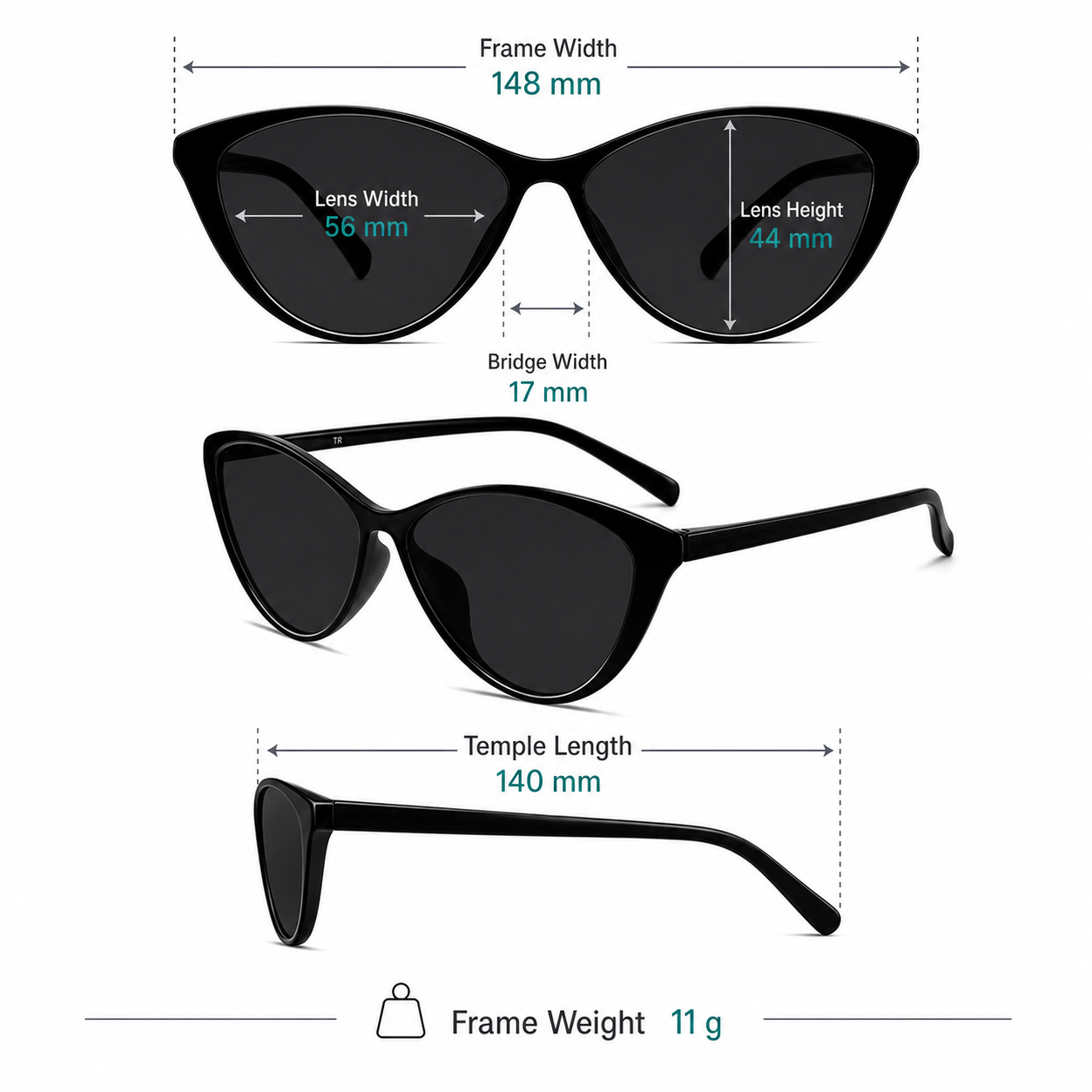 Frame measurement guide: 148 mm width, 56 mm lenses, 44 mm lens height and 11 g weight