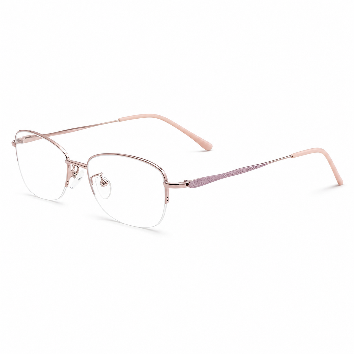 Pink eyeglass frame, 45-degree product view