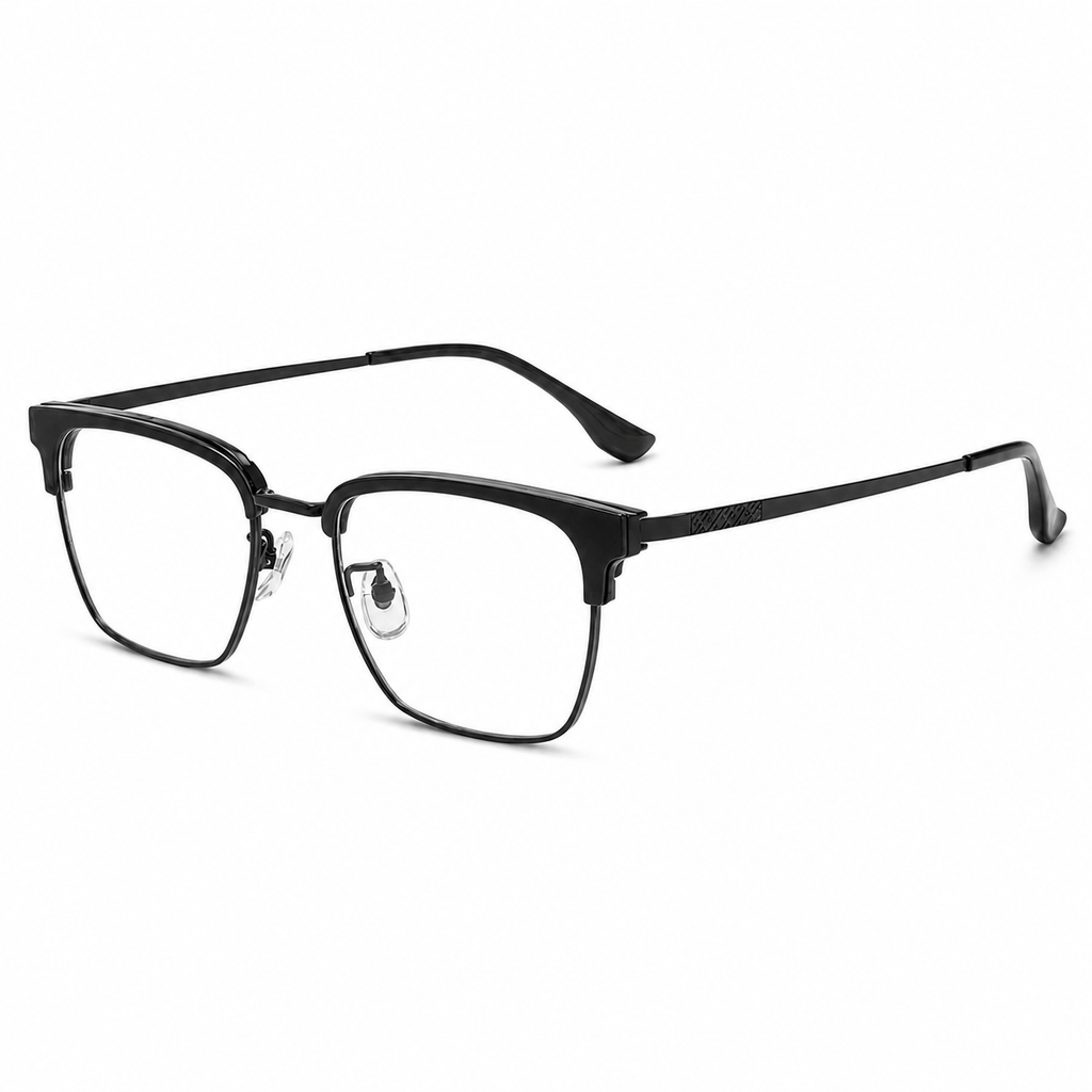 Black eyeglass frame, 45-degree product view