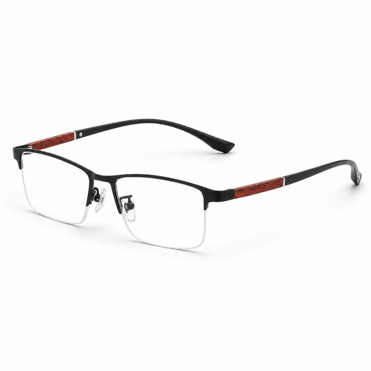 Black eyeglass frame, 45-degree product view