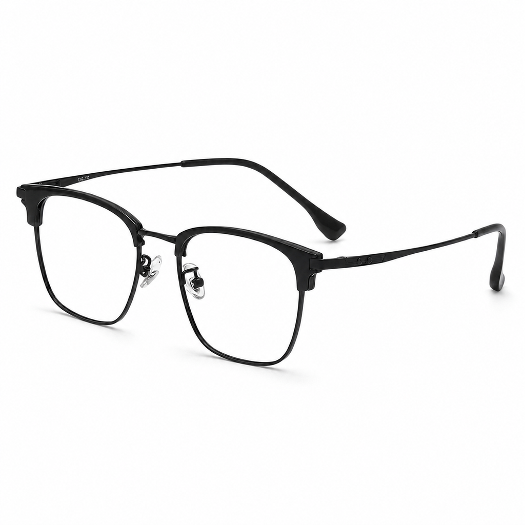 Black eyeglass frame, 45-degree product view