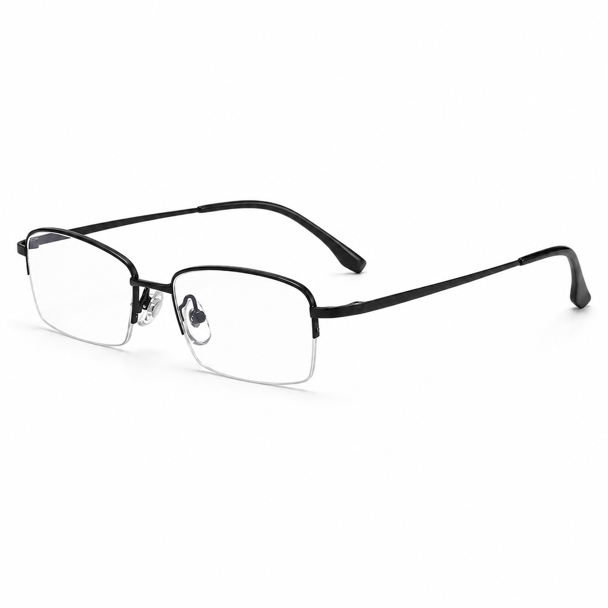 Black eyeglass frame, 45-degree product view