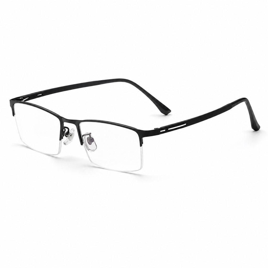 Black eyeglass frame, 45-degree product view