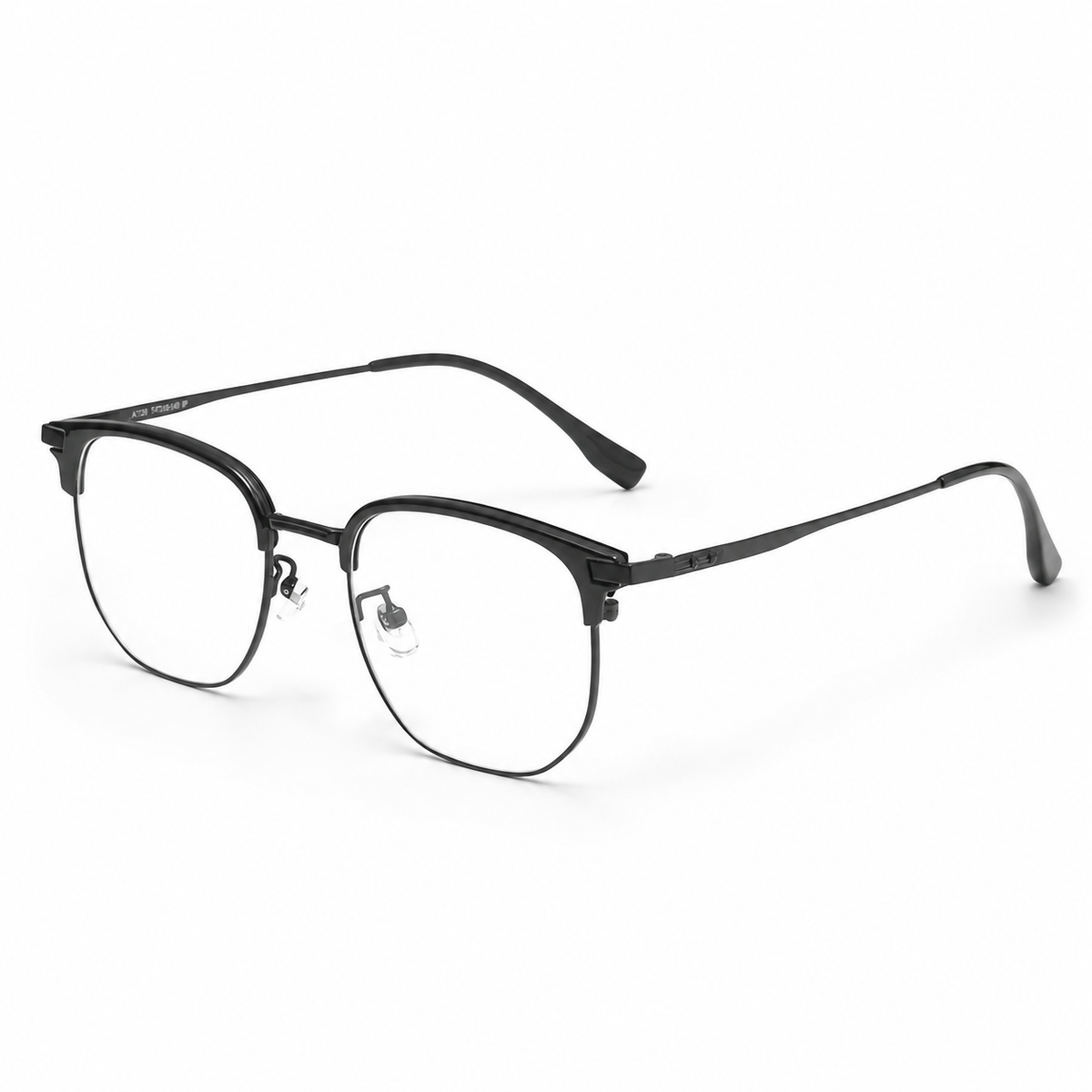 Black eyeglass frame, 45-degree product view