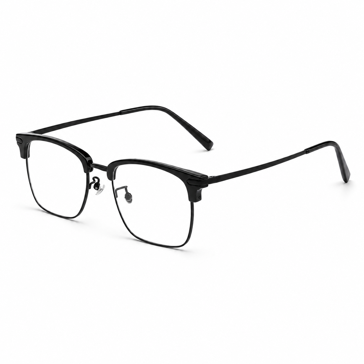 Black eyeglass frame, 45-degree product view