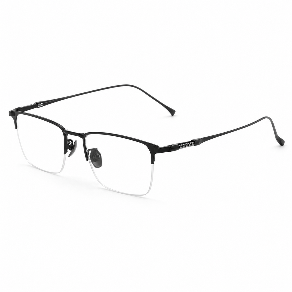 Black eyeglass frame, 45-degree product view