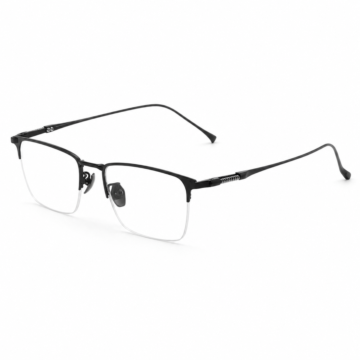 Black eyeglass frame, 45-degree product view