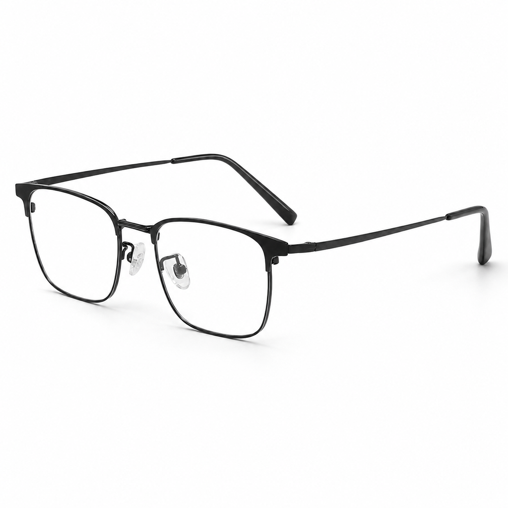 Black eyeglass frame, 45-degree product view