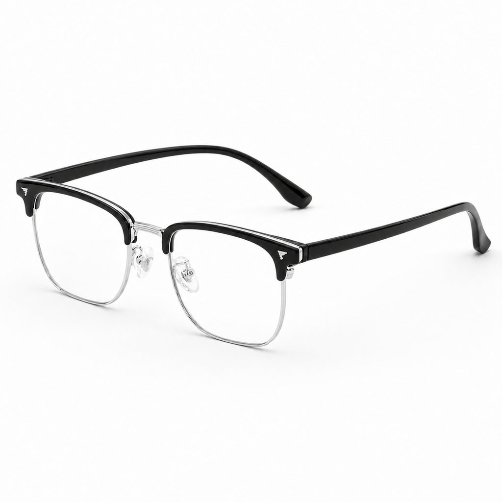 Black/Silver eyeglass frame, 45-degree product view