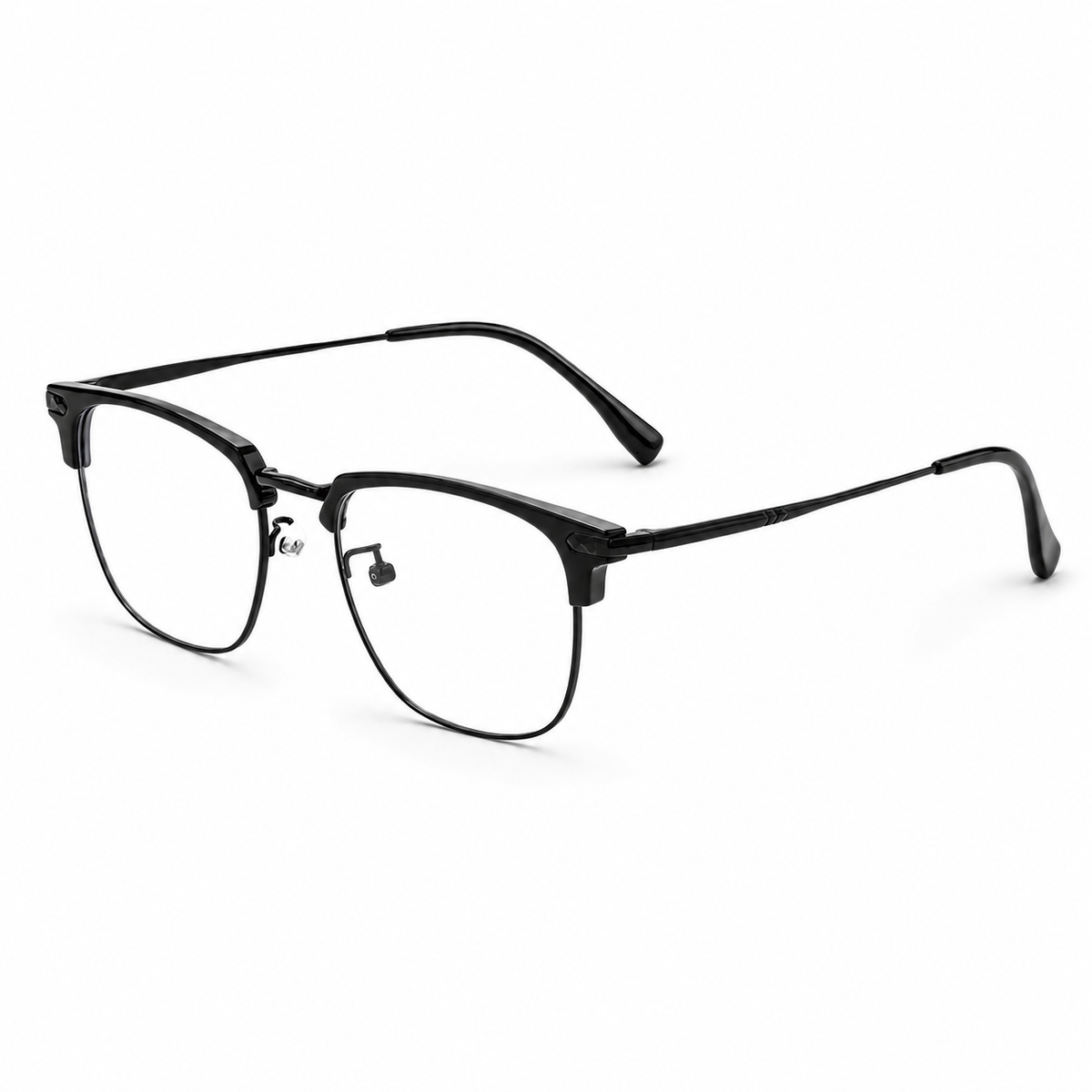 Black eyeglass frame, 45-degree product view