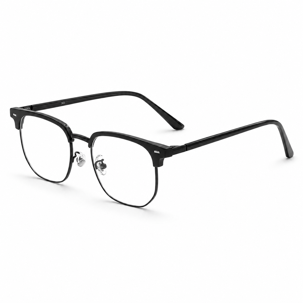 Black eyeglass frame, 45-degree product view