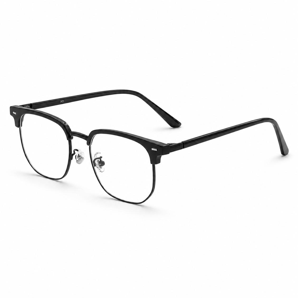 Black eyeglass frame, 45-degree product view