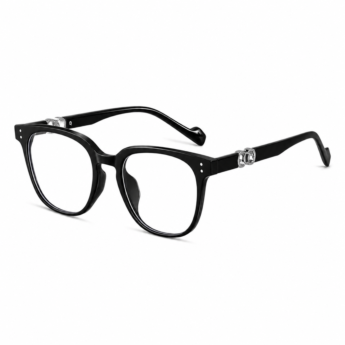 Black eyeglass frame, 45-degree product view