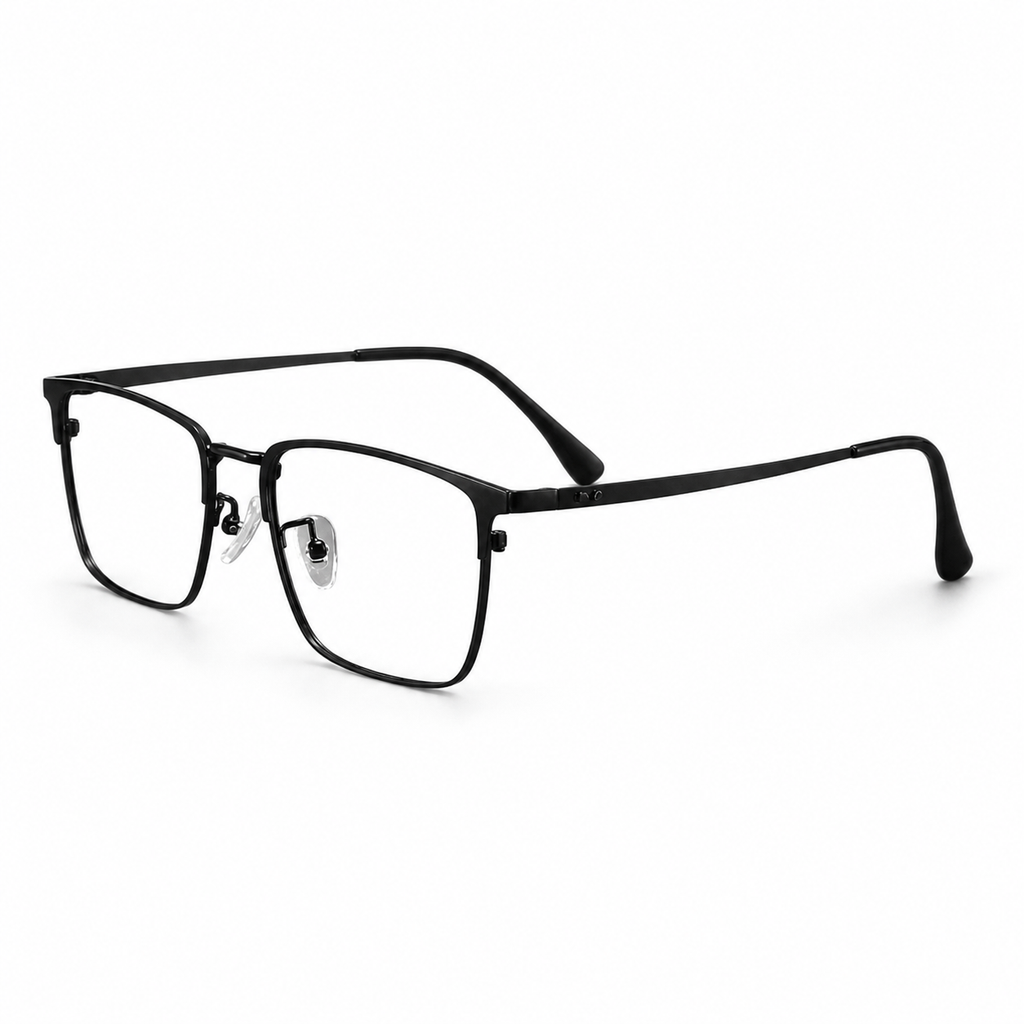 Black eyeglass frame, 45-degree product view