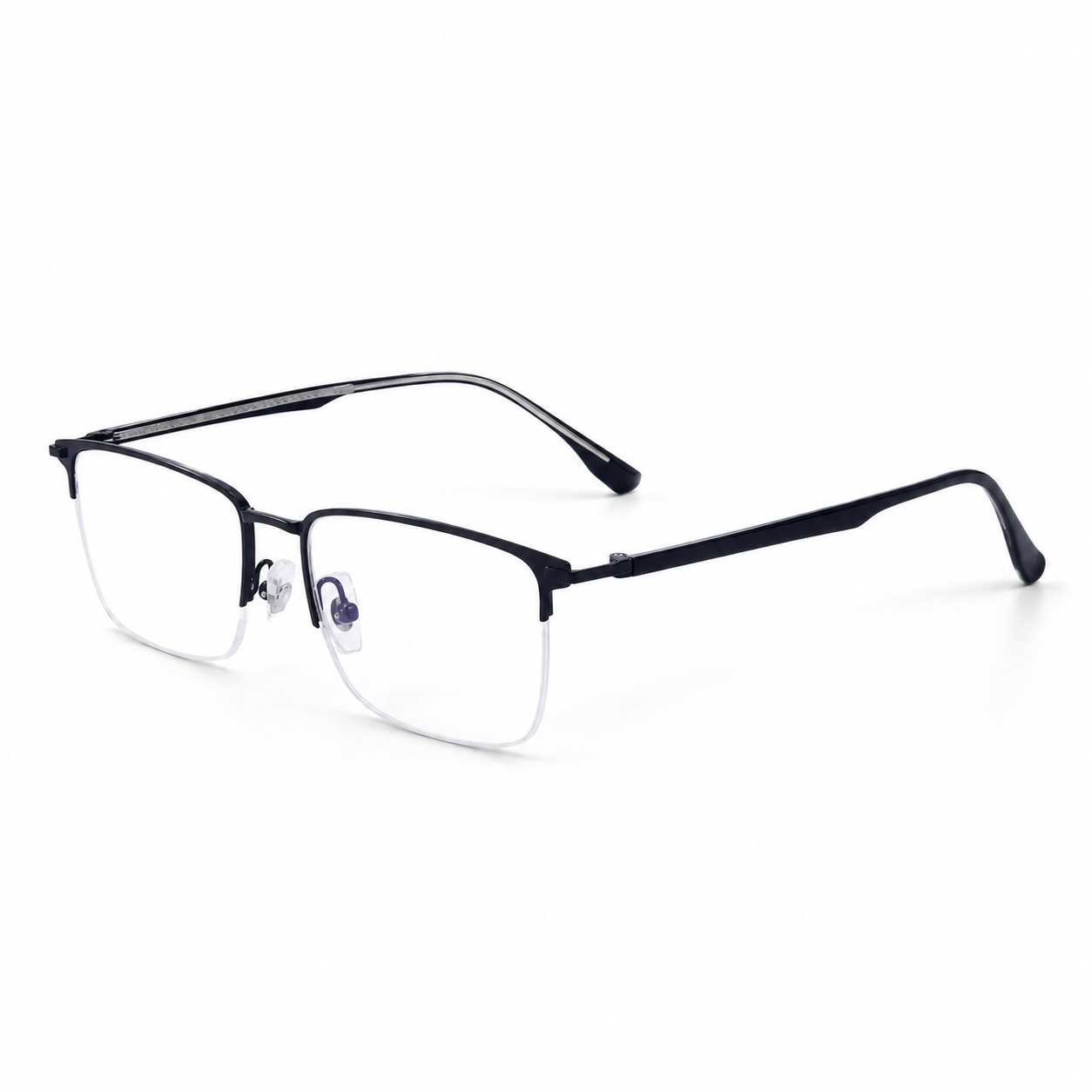 Black eyeglass frame, 45-degree product view