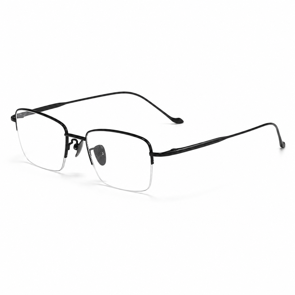 Black eyeglass frame, 45-degree product view