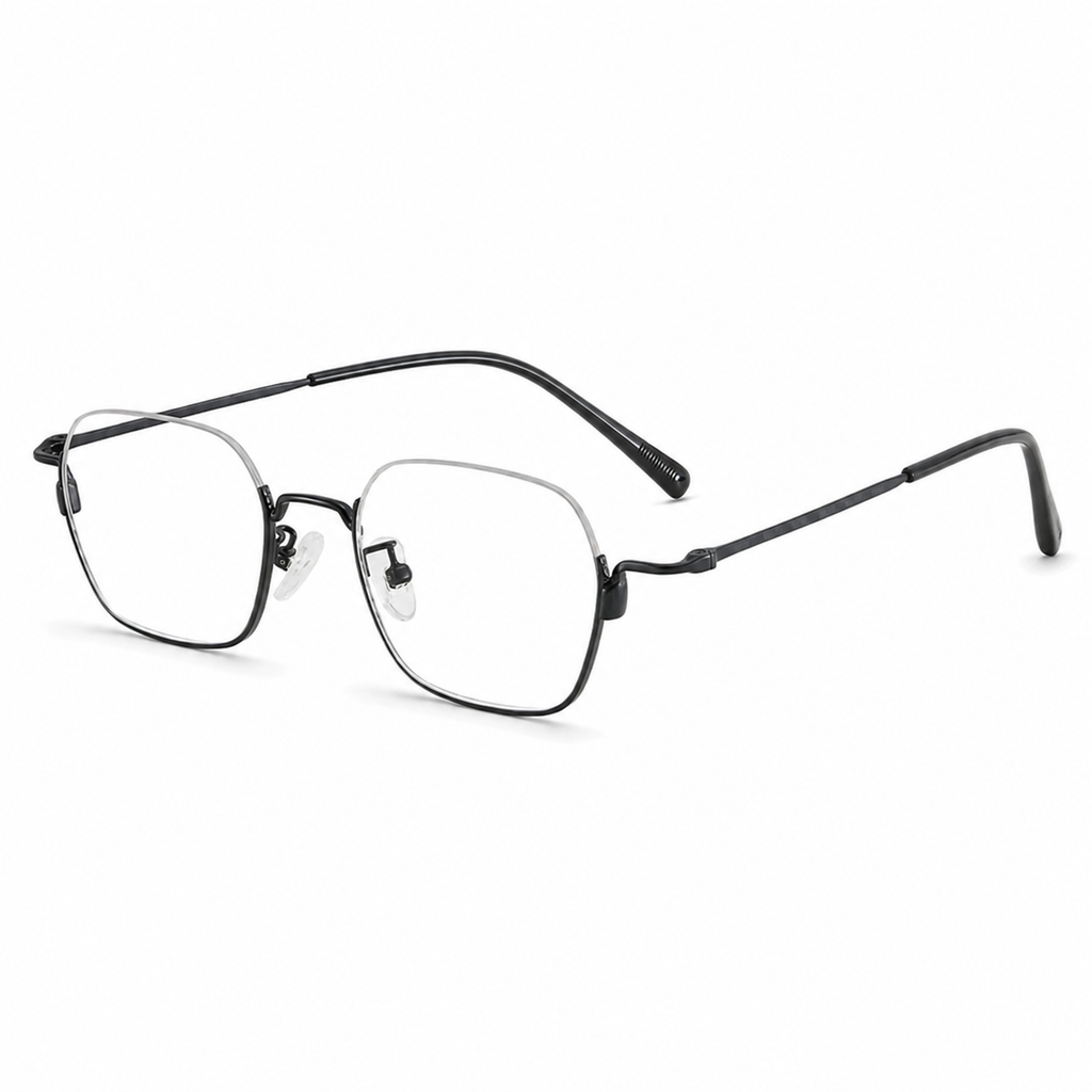 Black eyeglass frame, 45-degree product view