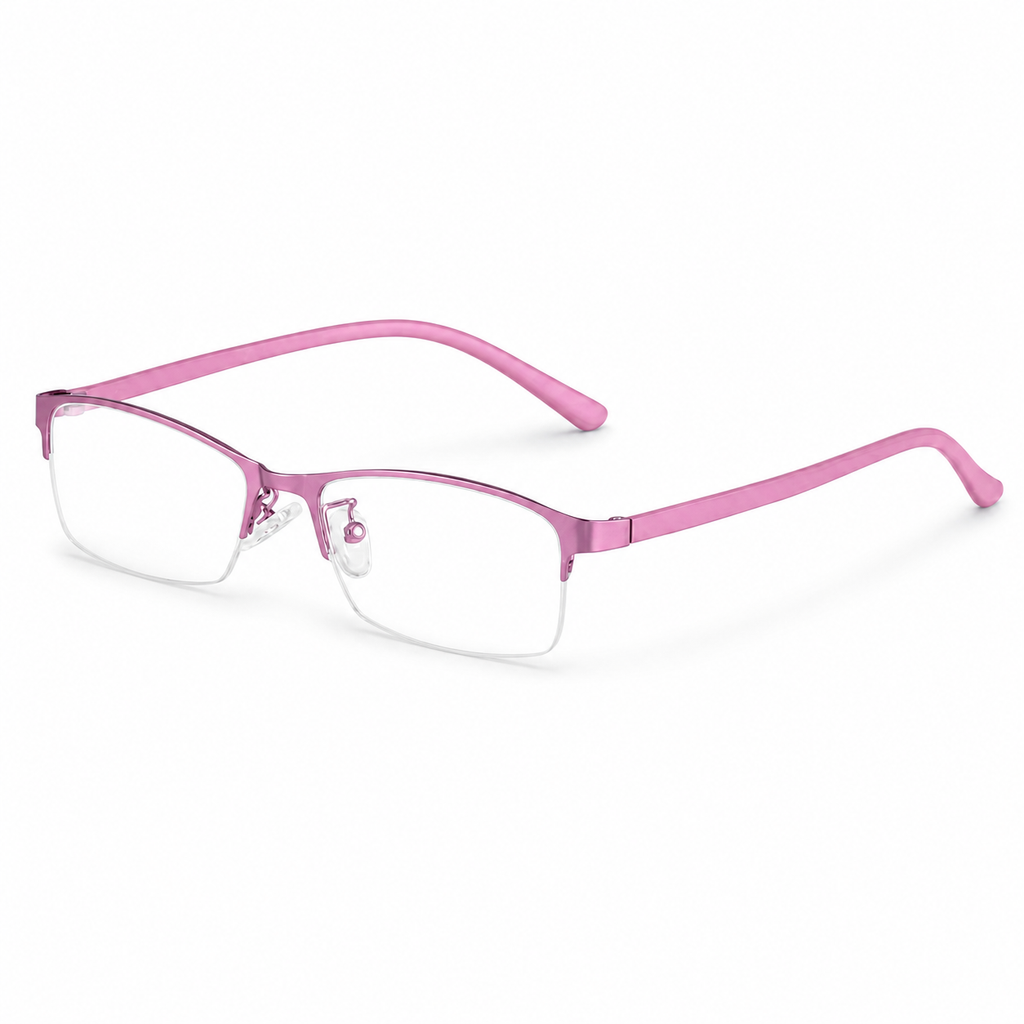 Pink eyeglass frame, 45-degree product view