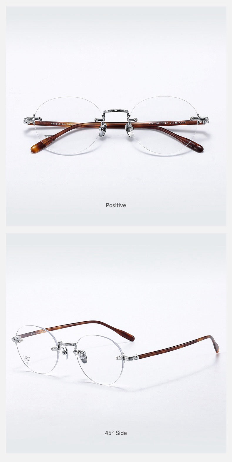 Silver/Tortoise women's titanium and acetate rounded geometric rimless eyeglass frames, product views