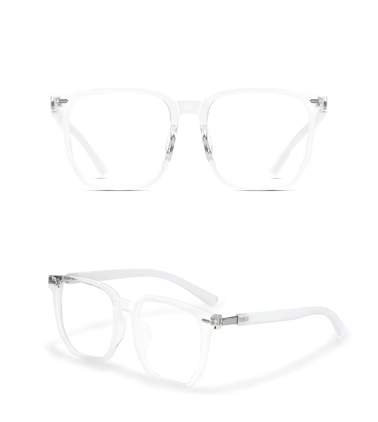 Crystal Clear TR90 oversized square full-rim glasses, original front and 45-degree product detail