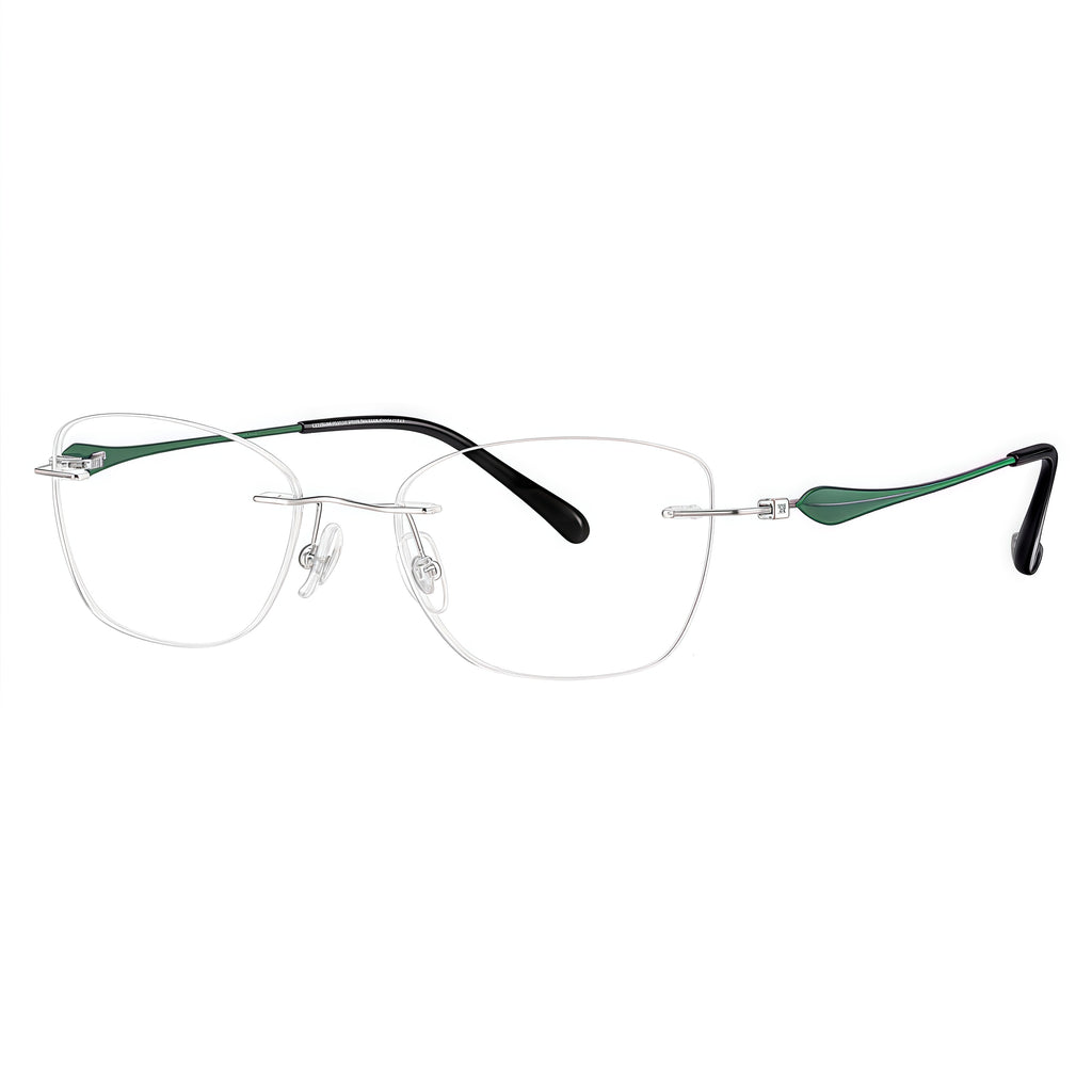 Green/Silver rimless soft butterfly pure titanium eyeglass frames, supplier front and angle reference