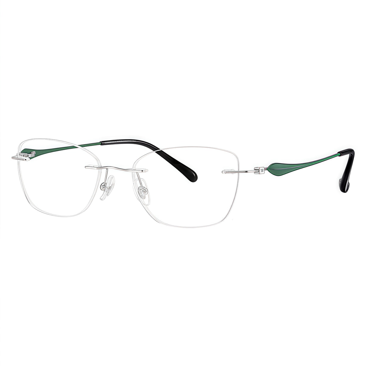 Green/Silver rimless soft butterfly pure titanium eyeglass frames, supplier front and angle reference