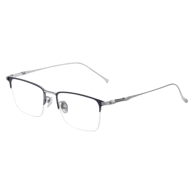 Blue/Silver rectangular semi-rimless eyeglass frame, product view