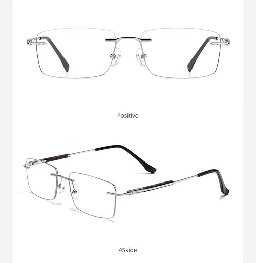 Silver men's alloy rimless rectangular inlay-temple glasses, front and 45-degree composite