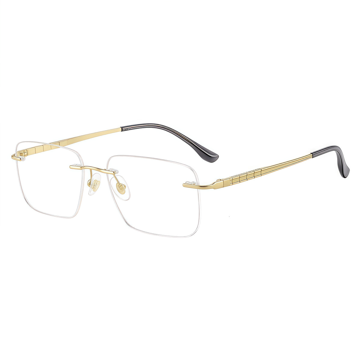 Gold rimless rectangular pure titanium eyeglass frames, supplier front and angle reference