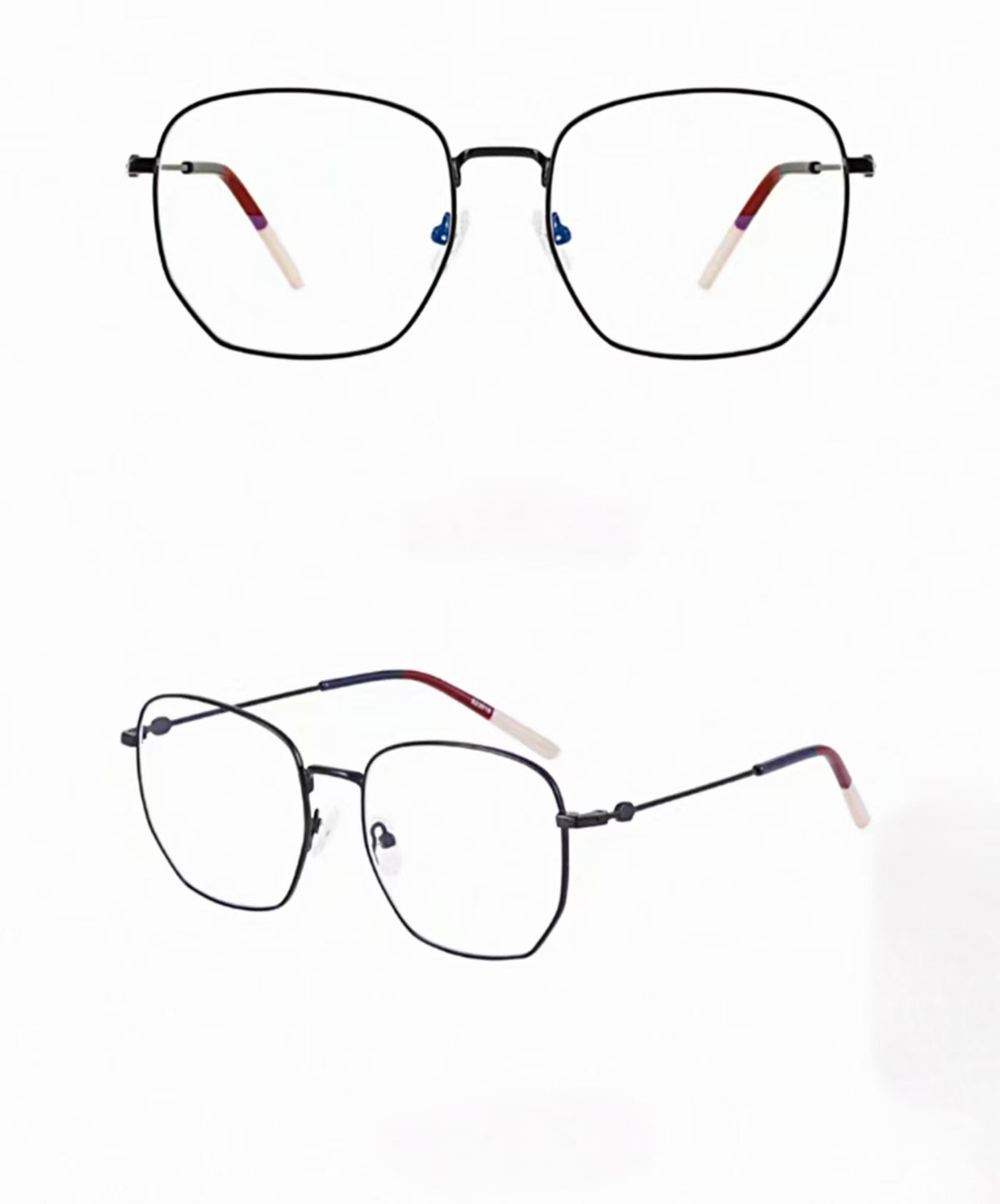 Black men's oversized titanium full-rim glasses, original front and 45-degree composite detail