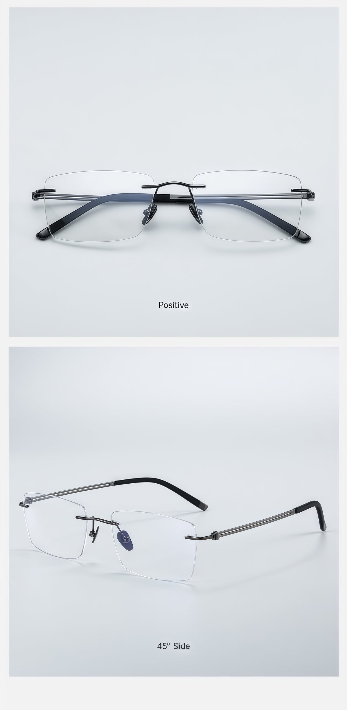 Gunmetal pure titanium rectangular rimless glasses, original front and 45-degree product detail