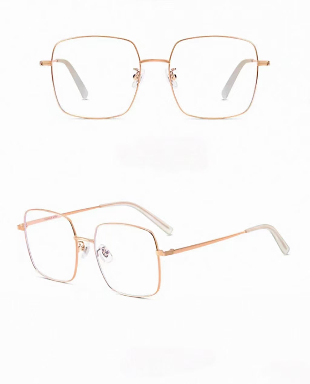 Rose Gold unisex ultra-light titanium alloy square full-rim glasses, original front and 45-degree composite detail