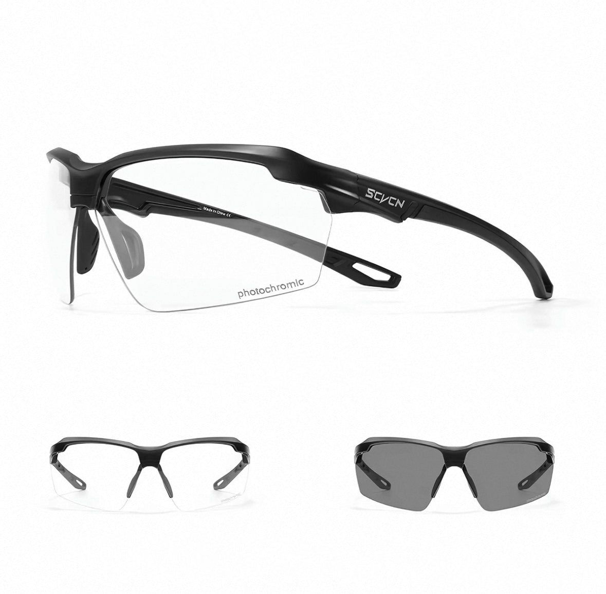 Black Frame/Photochromic Black Lens front and 45-degree product views of Day & Night Outdoor Sports Sunglasses