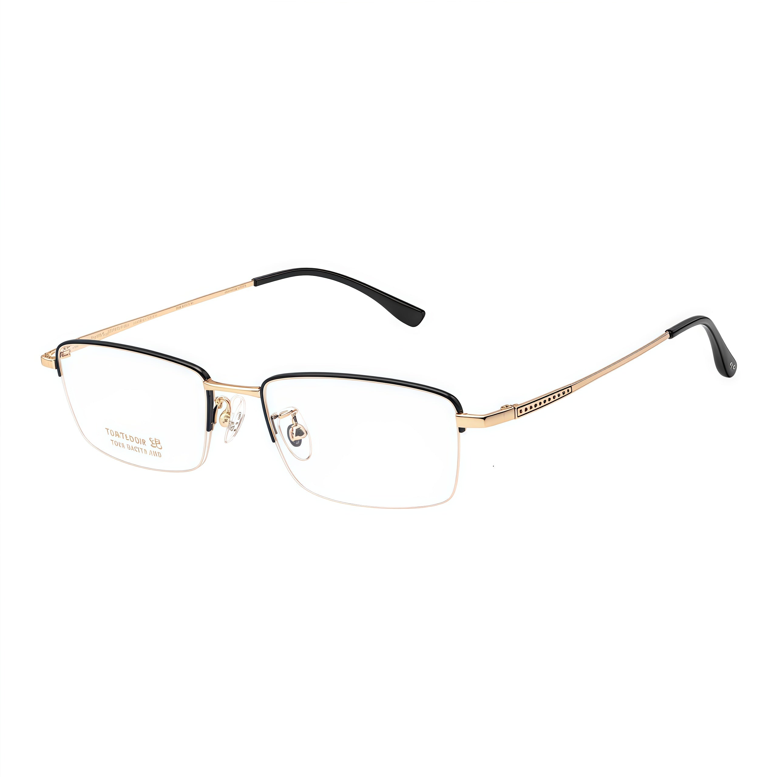Black/Gold men's pure titanium semi-rimless glasses, 45-degree product view