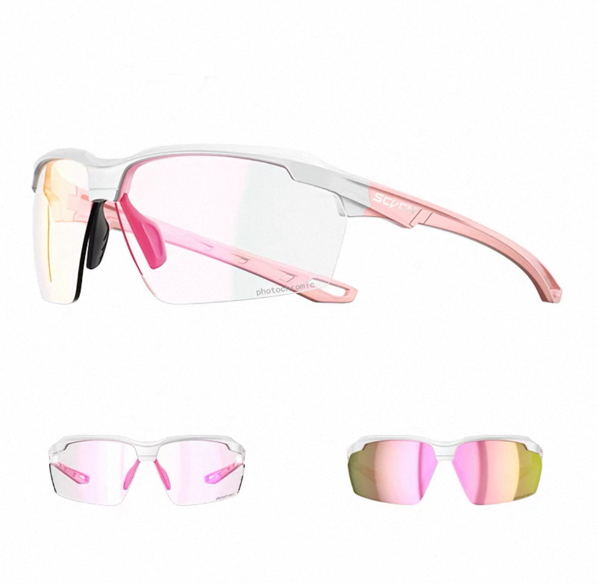White Frame/Photochromic Pink Lens front and 45-degree product views of Day & Night Outdoor Sports Sunglasses