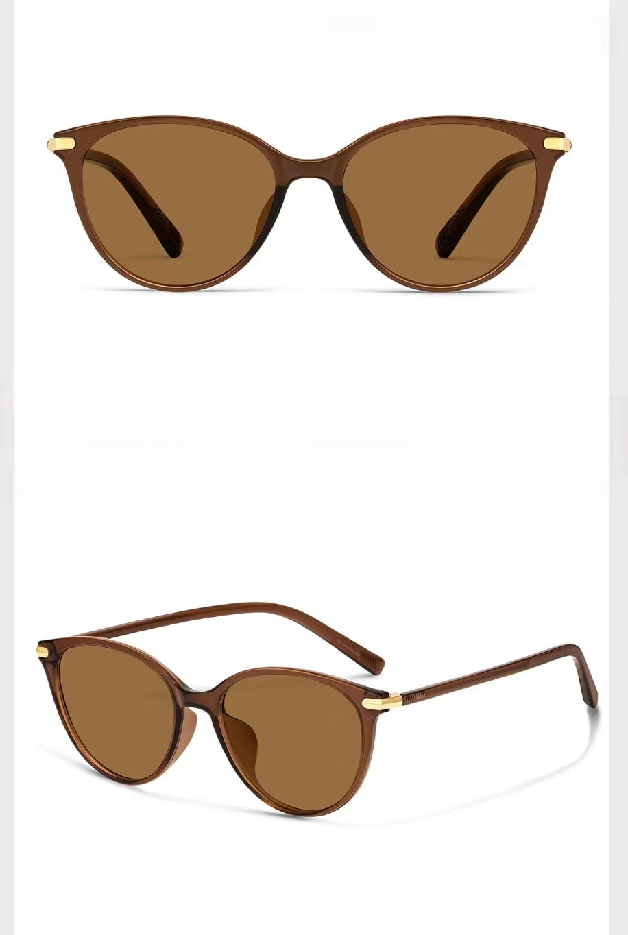 Women’s Brown full-rim oval cat-eye sunglasses, front and three-quarter views