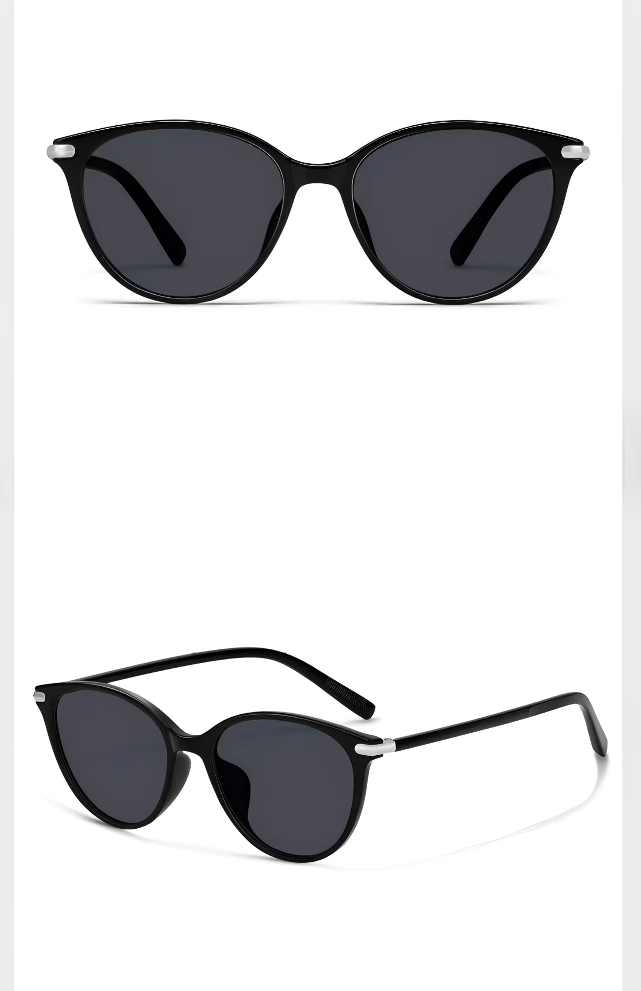 Women’s Black full-rim oval cat-eye sunglasses, front and three-quarter views