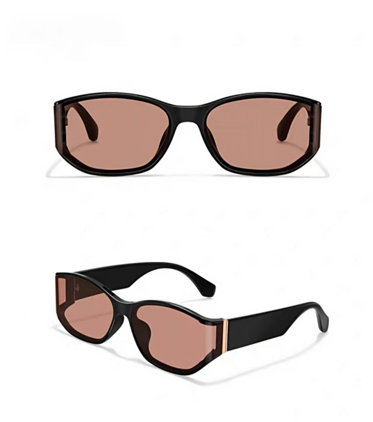 Women’s Amber Brown full-rim curved shield sunglasses, front and three-quarter views