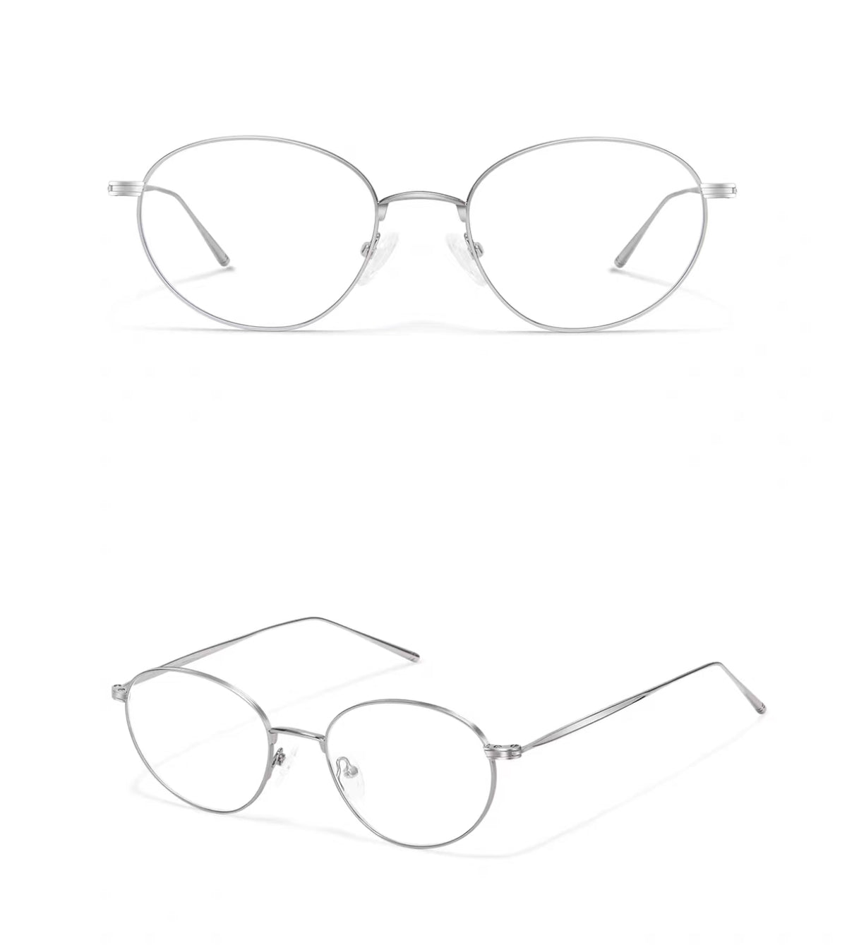 Silver women's ultra-light alloy oval full-rim glasses, original front-and-45-degree composite detail