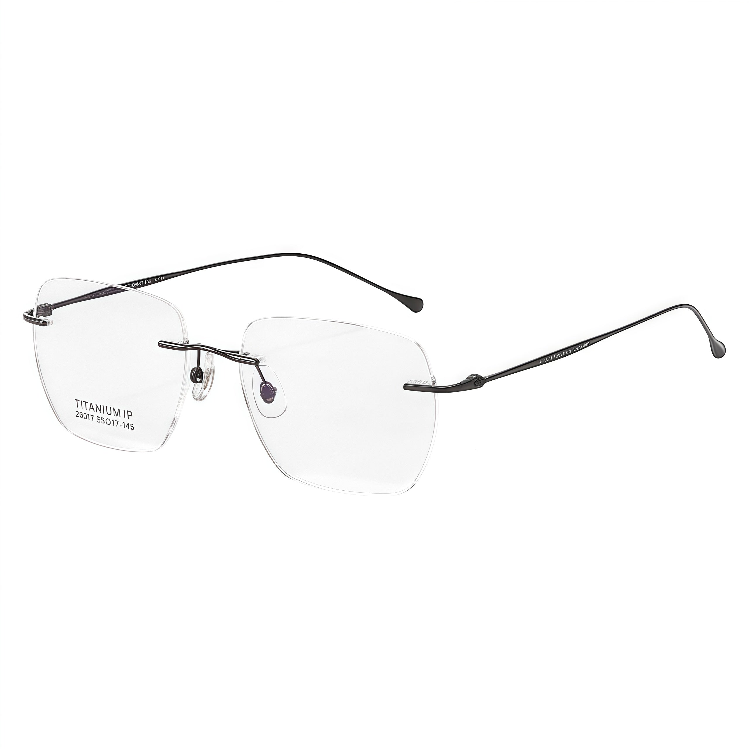 Black unisex titanium rimless soft-square eyeglass frames, product view