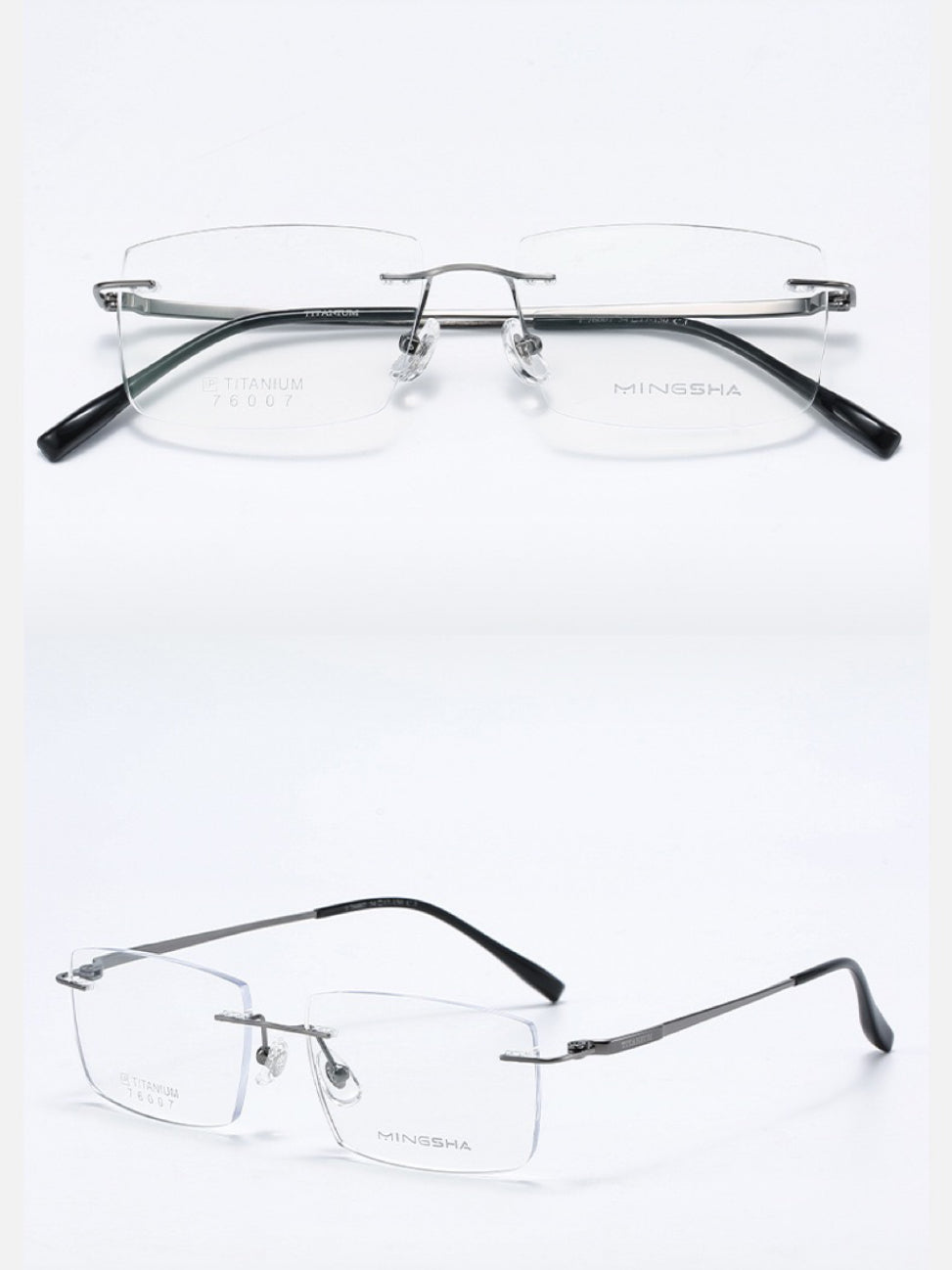 Gunmetal men's semi-titanium rectangular rimless eyeglass frames, product views