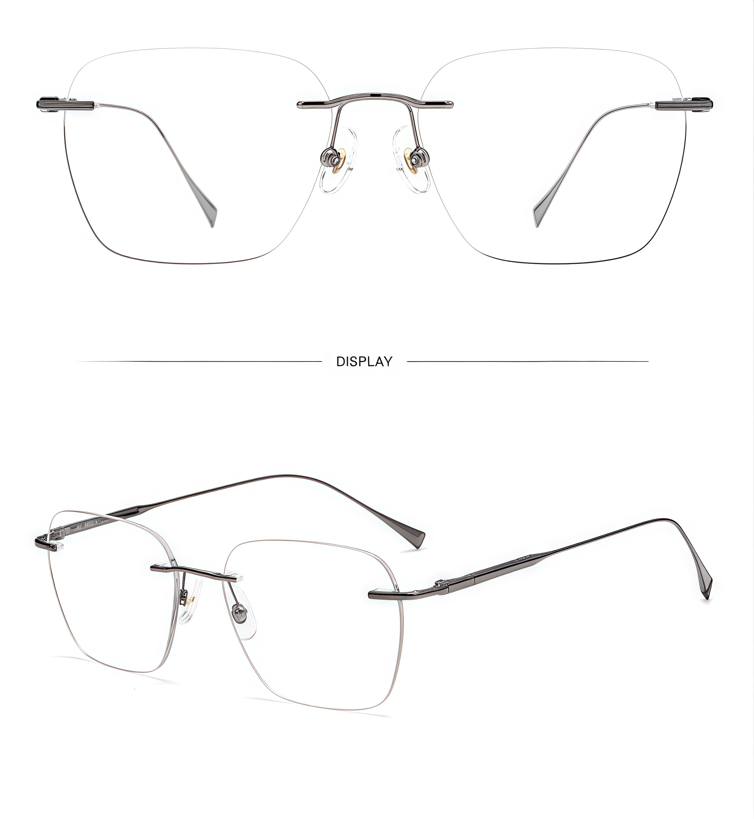 Gunmetal unisex semi-titanium rimless softly-square glasses, supplier composite detail